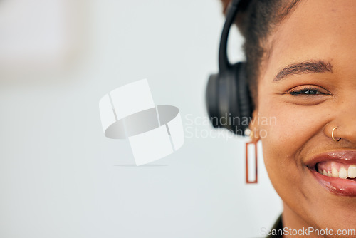 Image of Mockup, portrait and face of a woman with headphones for music, advertising podcast or streaming radio. Happy, space and half face of a girl with a smile while listening or streaming sound or audio