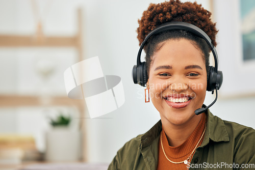 Image of Call center, happy black woman and portrait of telemarketing agent with microphone for customer support, CRM advisory or help. Face of female sales consultant for telecom questions, FAQ or contact us