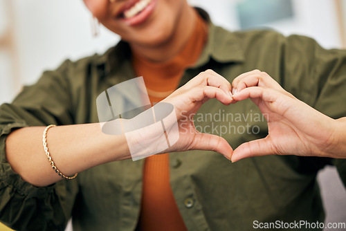 Image of Woman, heart and hands closeup for care, kindness and emoji for charity, peace and wellness. Happy female person with finger shape for self love, thank you and trust of hope, support sign and icon