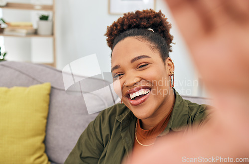 Image of Portrait, happy black woman and selfie in home for fun while live streaming vlog in living room. Face of female gen z, profile picture and smile for memory on social media, content creation and relax