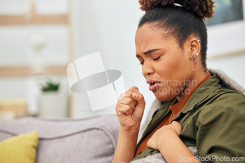 Image of Sick, cough and woman in home with health problem of flu, cold or medical virus. Black female person, pain and coughing for asthma attack, tuberculosis and sore throat of allergy, lungs or pneumonia