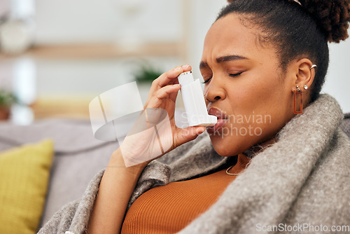 Image of Asthma pump, sick woman and breathe in health, medical cure or cough treatment of allergy problem. Face of African female person with oxygen inhaler for lungs, emergency medicine or help allergies