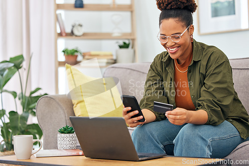 Image of Happy black woman, credit card and online shopping on smartphone for digital payment, fintech account or finance at home. Female person, mobile banking and app for cash, ecommerce technology or money