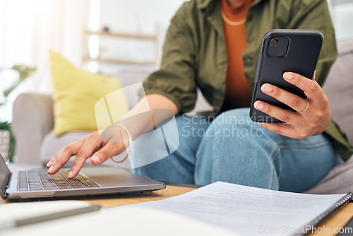 Image of Remote work, woman on sofa with phone and laptop in living room, research and documents for online job. Internet search, technology and home office, freelancer on couch with cellphone and computer.