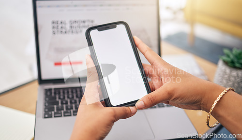 Image of Hands, phone and mockup with a woman in her home for research, communication or remote work as a freelance employee. Mobile, networking or ecommerce with a female entrepreneur working in a house