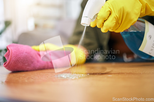Image of Person, hands and spray on table with cloth for hygiene, bacteria or germ removal at home. Closeup of cleaner, housekeeper or maid wiping furniture in domestic service or disinfection on desk surface