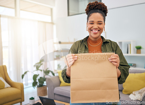 Image of Fast food, delivery and portrait of happy black woman with package order in her home, Smile, face and African lady customer with deliver bag from online shopping, ecommerce or satisfaction in house