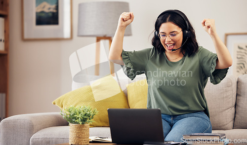 Image of Winner, success and woman for call center, work from home opportunity and sales, target or bonus on laptop. Yes, wow and young person or consultant for e learning goal, online results or news on sofa