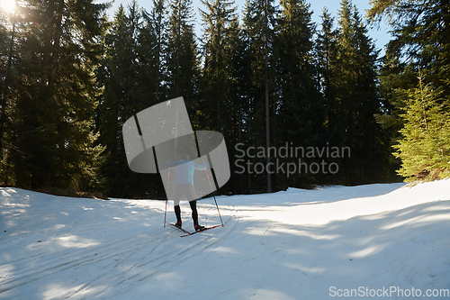 Image of Nordic skiing or Cross-country skiing classic technique practiced by man in a beautiful panoramic trail at morning.Selective focus.