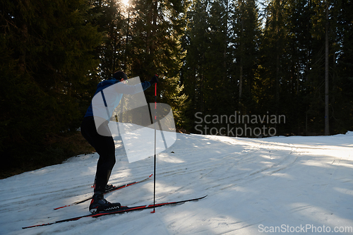 Image of Nordic skiing or Cross-country skiing classic technique practiced by man in a beautiful panoramic trail at morning.Selective focus.