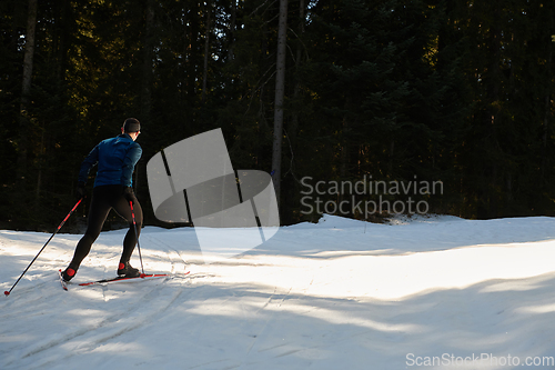 Image of Nordic skiing or Cross-country skiing classic technique practiced by man in a beautiful panoramic trail at morning.Selective focus.