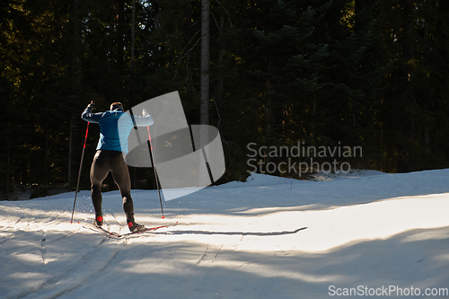 Image of Nordic skiing or Cross-country skiing classic technique practiced by man in a beautiful panoramic trail at morning.Selective focus.