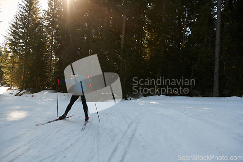 Image of Nordic skiing or Cross-country skiing classic technique practiced by man in a beautiful panoramic trail at morning.Selective focus.