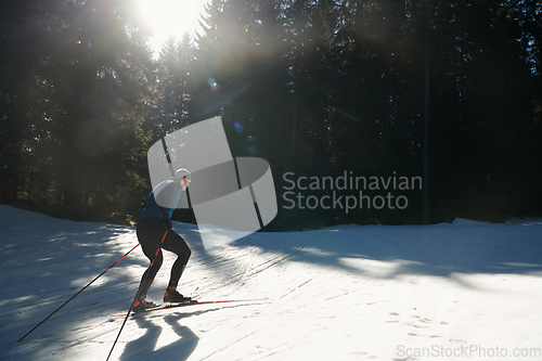 Image of Nordic skiing or Cross-country skiing classic technique practiced by man in a beautiful panoramic trail at morning.Selective focus.