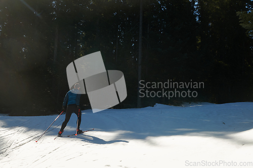 Image of Nordic skiing or Cross-country skiing classic technique practiced by man in a beautiful panoramic trail at morning.Selective focus.