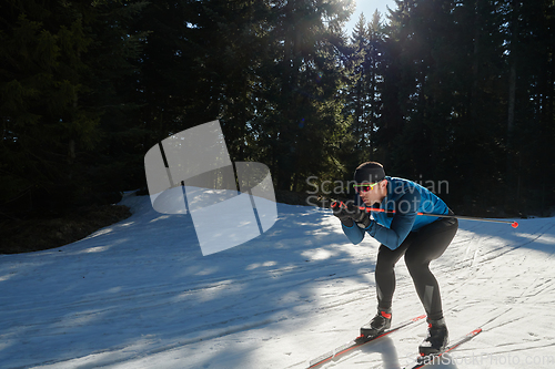 Image of Nordic skiing or Cross-country skiing classic technique practiced by man in a beautiful panoramic trail at morning.Selective focus.