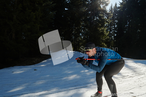 Image of Nordic skiing or Cross-country skiing classic technique practiced by man in a beautiful panoramic trail at morning.Selective focus.