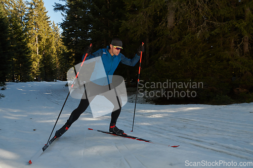 Image of Nordic skiing or Cross-country skiing classic technique practiced by man in a beautiful panoramic trail at morning.Selective focus.