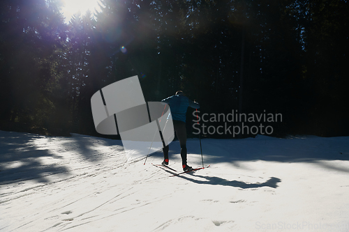 Image of Nordic skiing or Cross-country skiing classic technique practiced by man in a beautiful panoramic trail at morning.Selective focus.