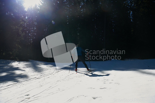 Image of Nordic skiing or Cross-country skiing classic technique practiced by man in a beautiful panoramic trail at morning.Selective focus.