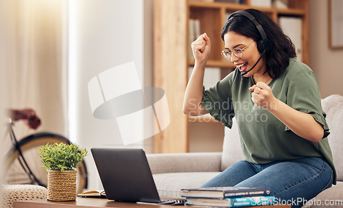 Image of Laptop, winner and woman for e learning, work from home opportunity and student goals, achievement or college news. Yes, success or excited young person reading university information and celebration