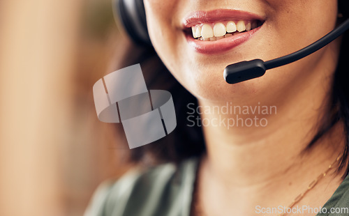 Image of Call center, mouth and happy woman, consultant or advisor talking, virtual communication or technical support. Insurance agent, person and speaking on headphones, helping and customer service closeup