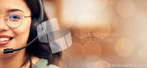 Image of Call center, half face and portrait of a woman with a headset for an online consultation by bokeh. Happy, smile and professional female customer support consultant with crm service by mockup space.