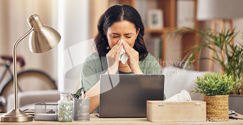 Image of Remote work from home, sneeze and woman with a laptop, virus and illness with disease. Female person, freelancer and entrepreneur blowing her nose, covid and flu with online consultation with doctor