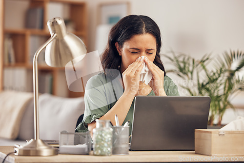 Image of Remote work from home, sneeze and woman with a laptop, sick and illness with fatigue. Female person, freelancer or entrepreneur blowing her nose, virus and flu with online consultation with allergies