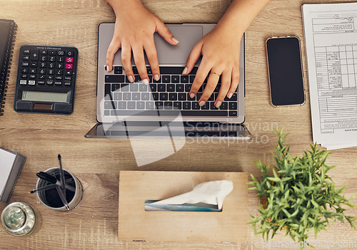 Image of Laptop, calculator and business person hands for financial application, taxes management and accounting online. computer, finance data and accountant or worker with company or audit information above