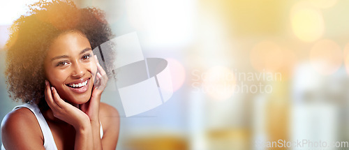 Image of Black woman, mockup portrait and beauty with space, smile and happiness with afro, self care and cosmetics, Young model, gen z african and happy with natural hair, skincare and blurred background