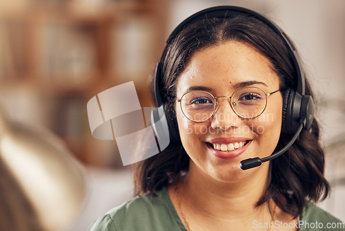 Image of Woman, portrait and call center for work from home office with smile, headphones and mic for crm communication. Customer service, tech support and agent for contact us, help desk or telemarketing job