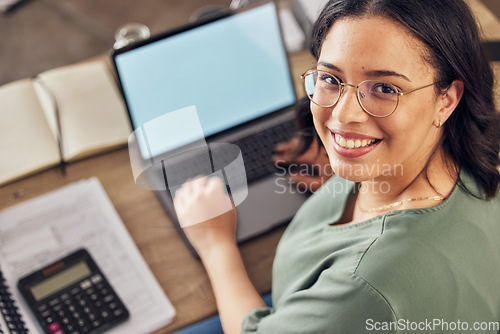 Image of Budget, laptop screen and woman for home finance, taxes documents and online balance or information mockup. Person portrait, bills and calculator, computer with income, rent or loan application space