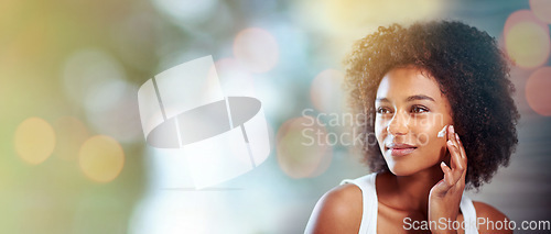 Image of Beauty mockup, cream and face of black woman with overlay for wellness, facial treatment and cosmetics. Dermatology, luxury spa and happy girl with sunscreen creme, lotion and moisturizer in bathroom