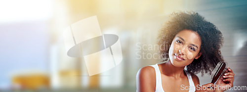 Image of Black woman, afro portrait and comb with space, mockup and happiness with smile, self love and cosmetics, Young model, gen z african and happy with natural hair care, clean and blurred background