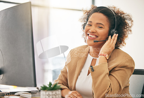 Image of Call center, African woman and portrait of telemarketing agent at computer for customer service, web support or CRM. Happy business consultant at desktop for sales consulting, telecom or contact