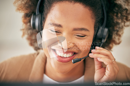 Image of Call center, african woman and face of happy telemarketing agent consulting for customer service, tech support or CRM advice. Female business consultant, communication and smile at telecom help desk