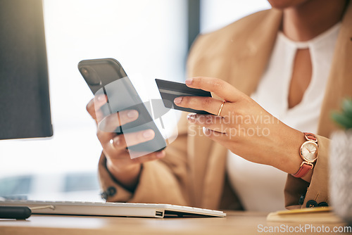 Image of Woman, credit card and hands with cellphone in office for finance, business accounting and password. Closeup of worker, smartphone and internet payment for online shopping, fintech and trading money