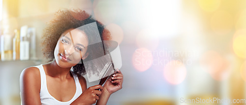 Image of Black woman, afro portrait and comb for copy space, mockup and happiness with smile, self love and cosmetics, Young model, gen z african and happy with natural hair care, clean and blurred background