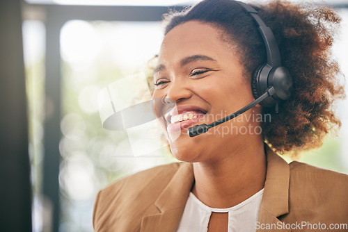 Image of Call center, face and happy woman in customer service agency for sales advice, tech support or CRM contact. African business consultant smile for online communication at telemarketing help desk