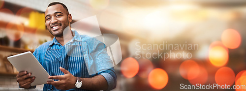 Image of Black man, tablet and small business owner on bokeh in management with smile at coffee shop. Portrait of happy African American male entrepreneur, manager or waiter with touchscreen on mockup at cafe