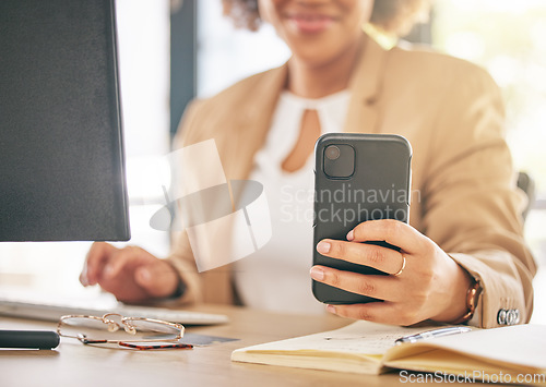 Image of Phone, computer and business woman hands for marketing communication, online planning and social media post. Planner, research and multimedia worker or person typing on mobile for time management job