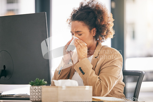 Image of Corporate, blowing nose and woman with a sneeze, sick or allergies with virus, fatigue or health issue while working at office. Female person, employee or allergy with illness, cold or flu with sinus