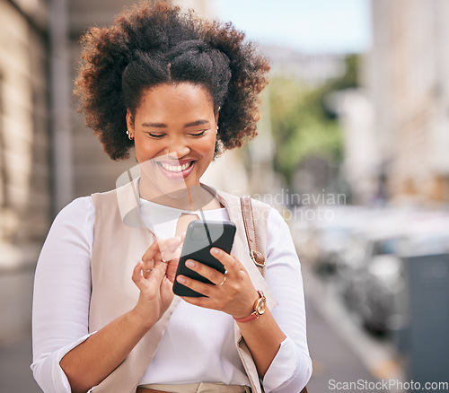 Image of Phone, smile and business woman walking and travel in a city typing on social media, online or internet to connect. Connection, smile and happy person texting a contact via email, web or mobile app