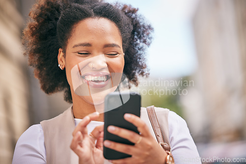 Image of Phone, happy and business woman on social media and travel in city typing, online or internet for reading. Connection, African and person smile while texting contact via email, web or mobile app