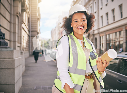 Image of Happy woman, portrait and architect with blueprint in city for construction, ambition or outdoor career. Female person, contractor or engineer smile with documents or floor plan for urban project