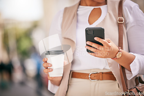 Image of Phone, coffee and hands of person walking and travel in city typing on social media, online or internet. Connection, gps and employee texting a contact via email, web or mobile app in the morning