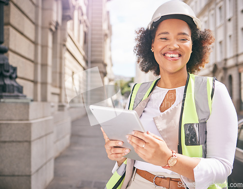 Image of Happy woman, portrait and architect with tablet in city for construction, building or outdoor planning on site. Female person, engineer or contractor smile with technology for industrial architecture