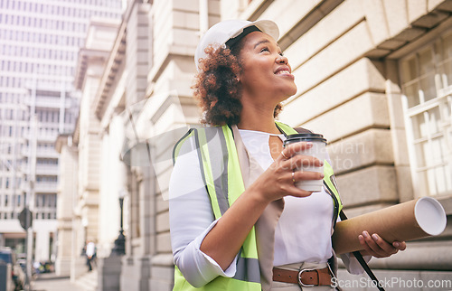 Image of Inspection, city and construction with woman for plan or design of buildings site with coffee. Contractor, working and female architect in town for development with hot beverage for architecture.