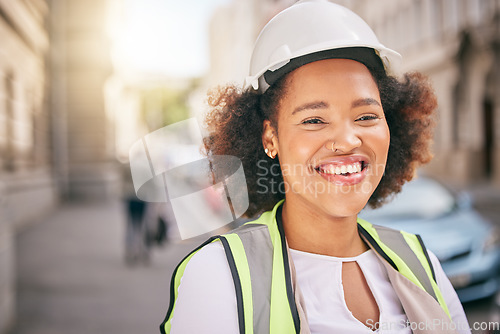 Image of Happy woman, portrait and architect in city for construction, industrial ambition or outdoor career. Face of female person, contractor or engineer smile for architecture or building in urban street